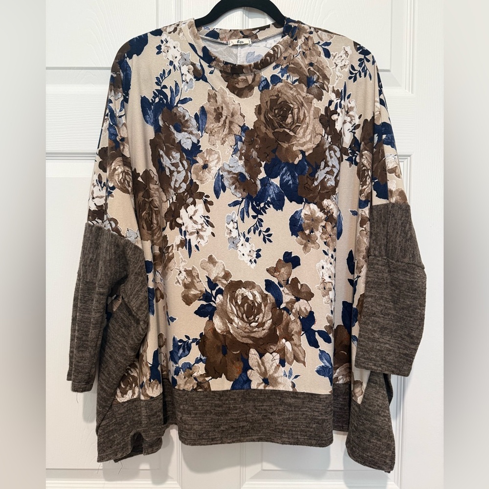 Blue and Brown Floral Print Poncho Style Sweater